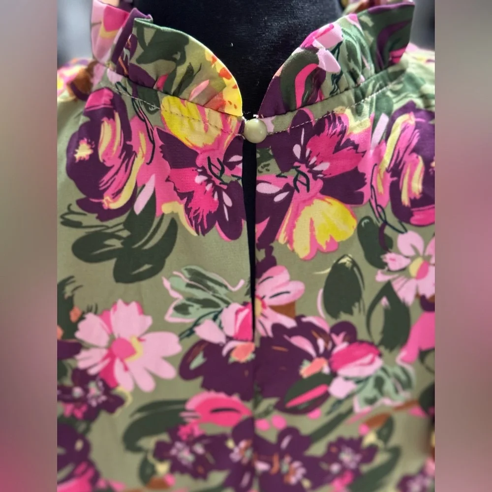 Floral Ruffle Sleeve Babydoll Dress Pink Green Mini - Picture 6 of 6